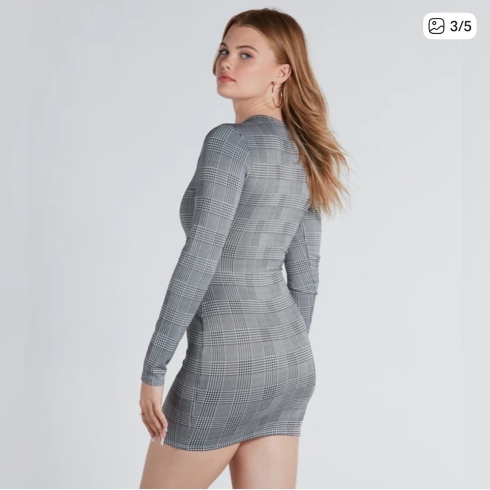 Windsor Gray Plaid Long Sleeve Mini Dress